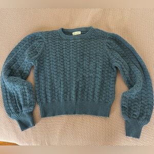 Marled Teal Openwork Crewneck Sweater